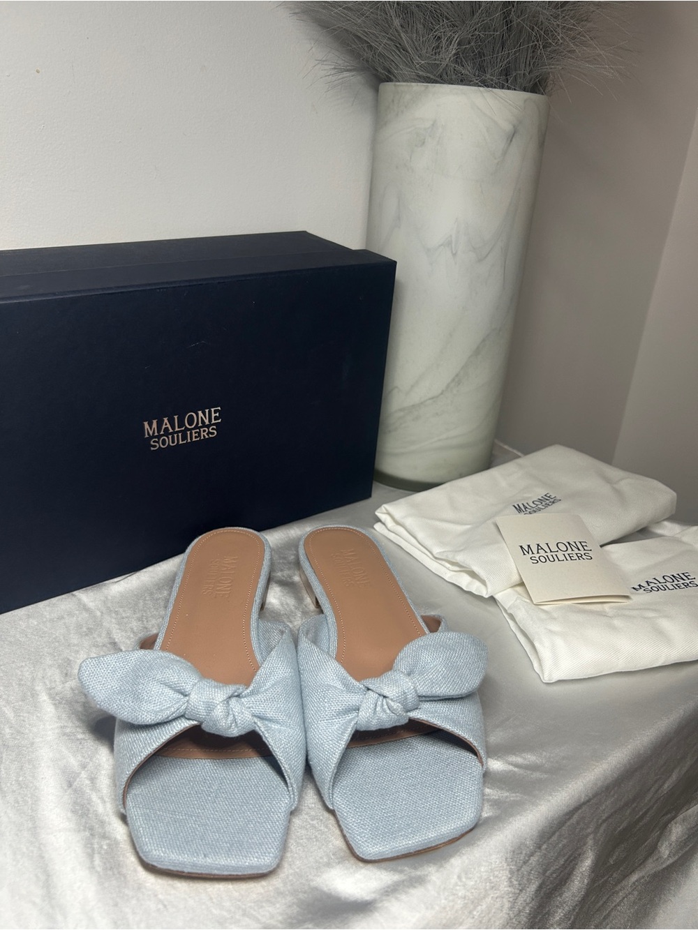 Malone Souliers Vargas Light Blue Linen Flats - Picture 3 of 7